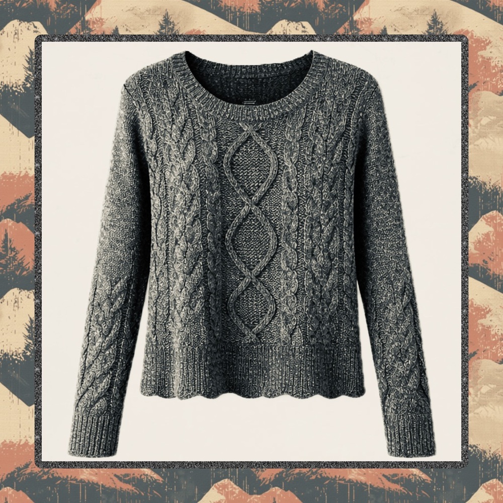 Lucky Brand Cable Knit Sweater XL NWT Gray Marled Scalloped Hem Pullover